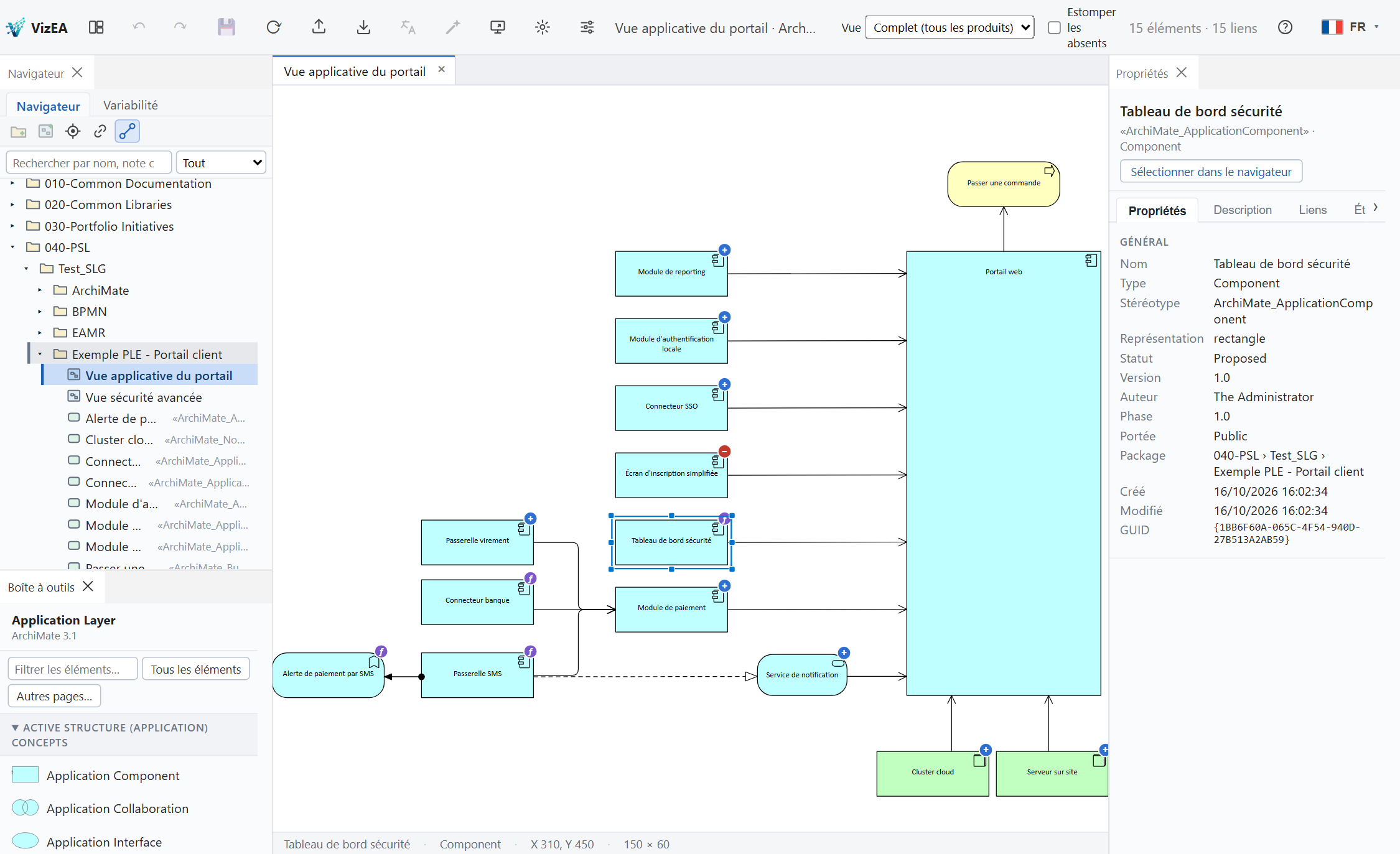 VizEA showing an ArchiMate diagram with the model browser and the properties panel